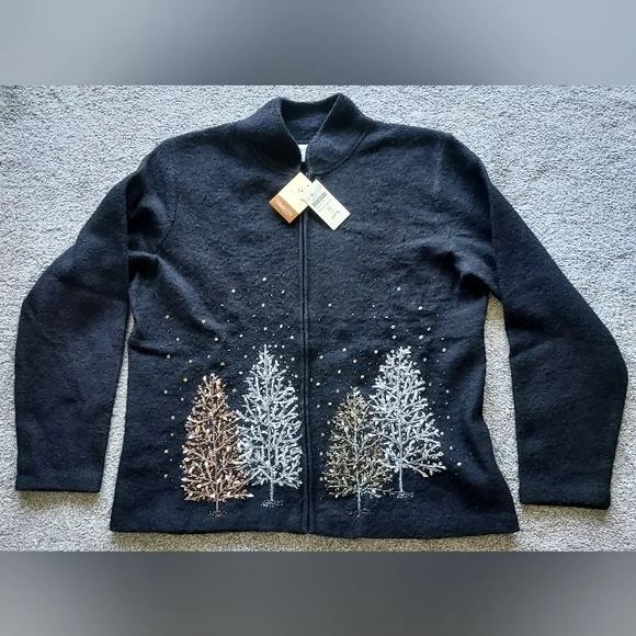NWT Coldwater Creek XL Black Wool Cardigan Sweater Embellished Trees - Picture 1 of 16